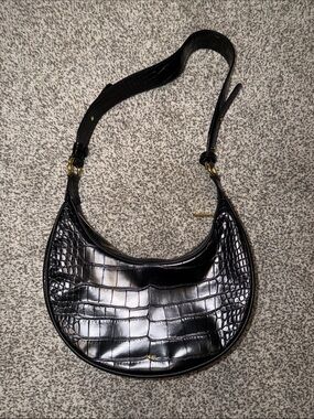 JW PEI Black Croc-Embossed Crescent Shoulder Bag